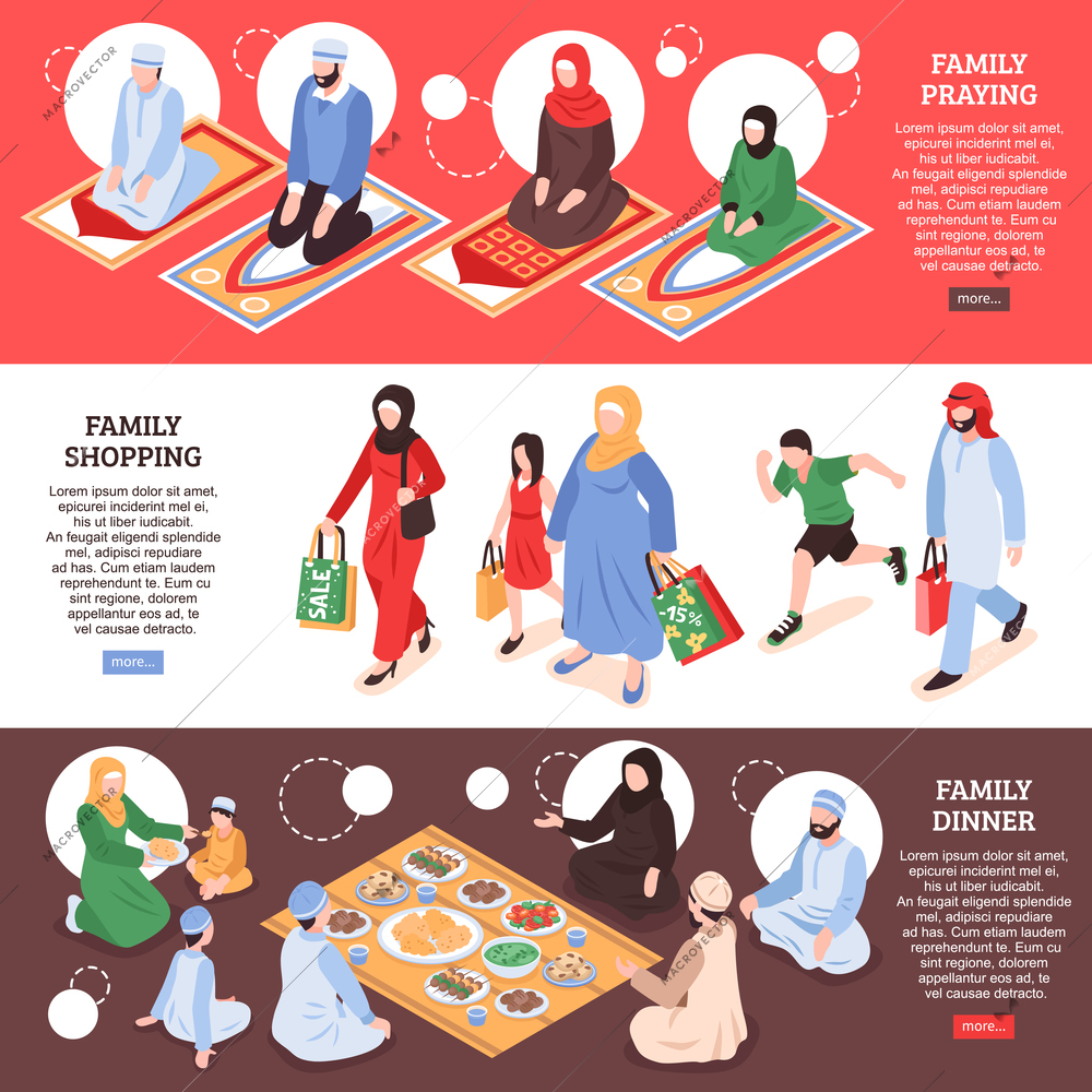 Arab family horizontal banners set with shoping and office symbols isometric isolated vector llustration