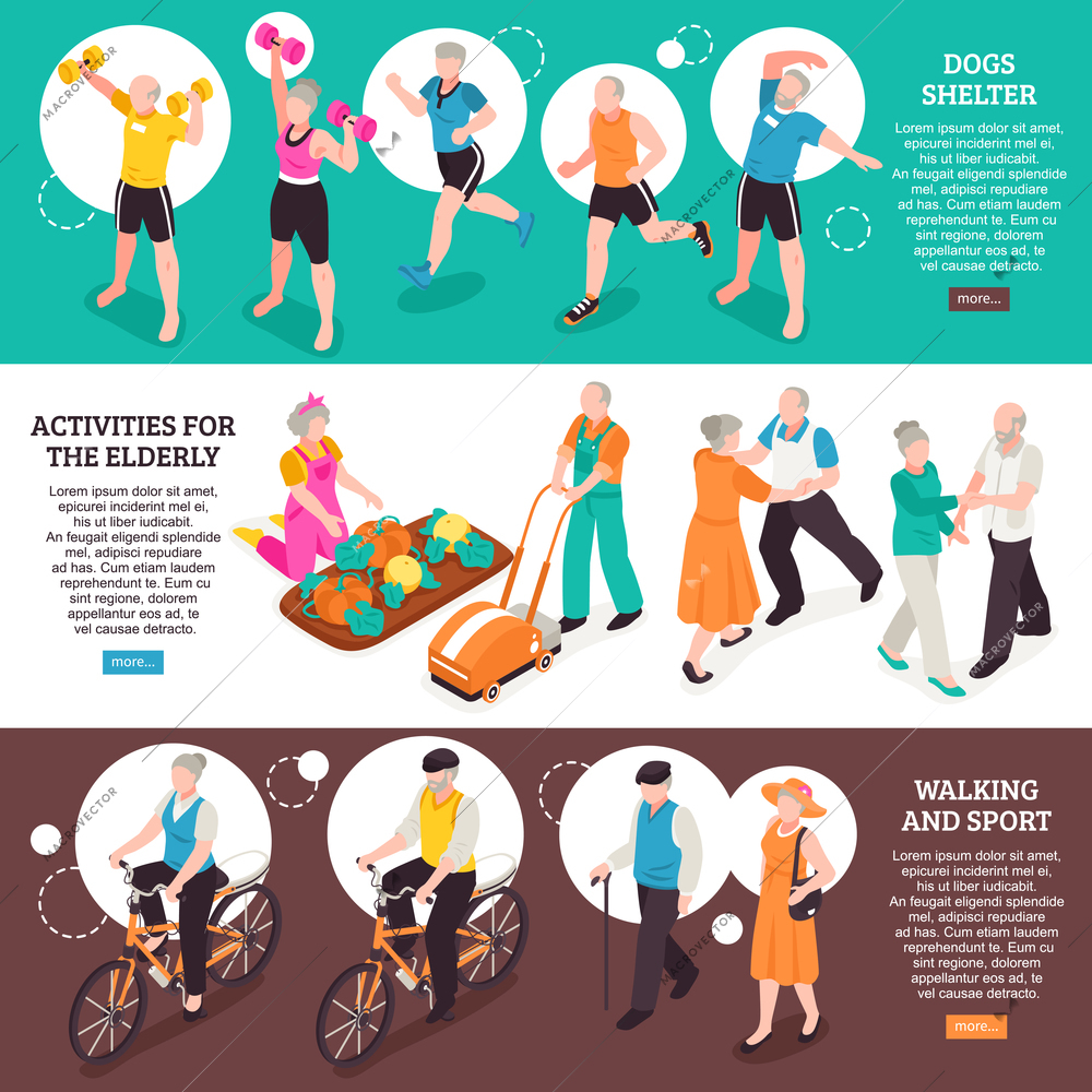 Senior people horizontal banners set with walking and sport symbols isometric isolated vector illustration