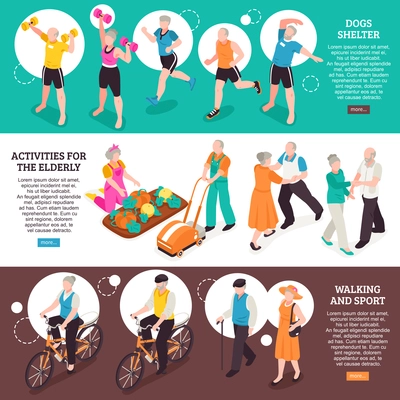 Senior people horizontal banners set with walking and sport symbols isometric isolated vector illustration