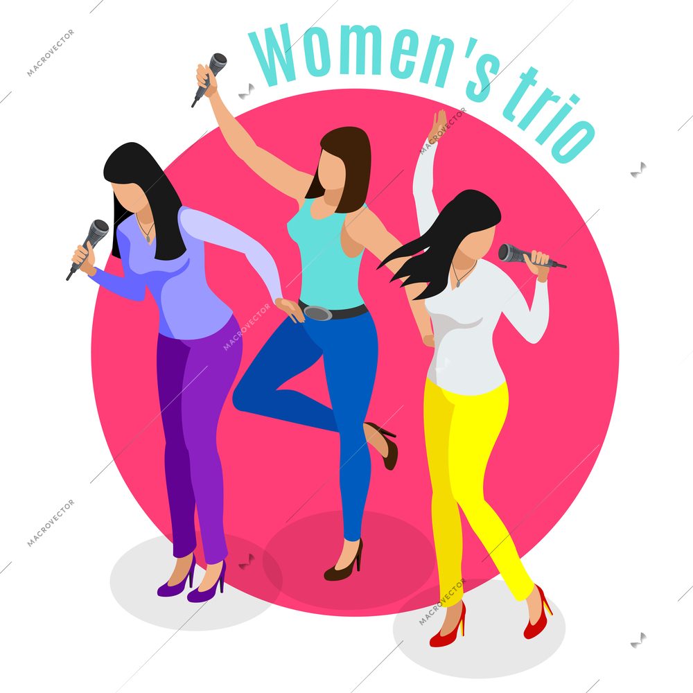 Karaoke isometric background with human characters of women trio singing favourite songs in ktv with text vector illustration