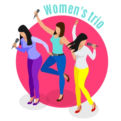 Karaoke isometric background with human characters of women trio singing favourite songs in ktv with text vector illustration