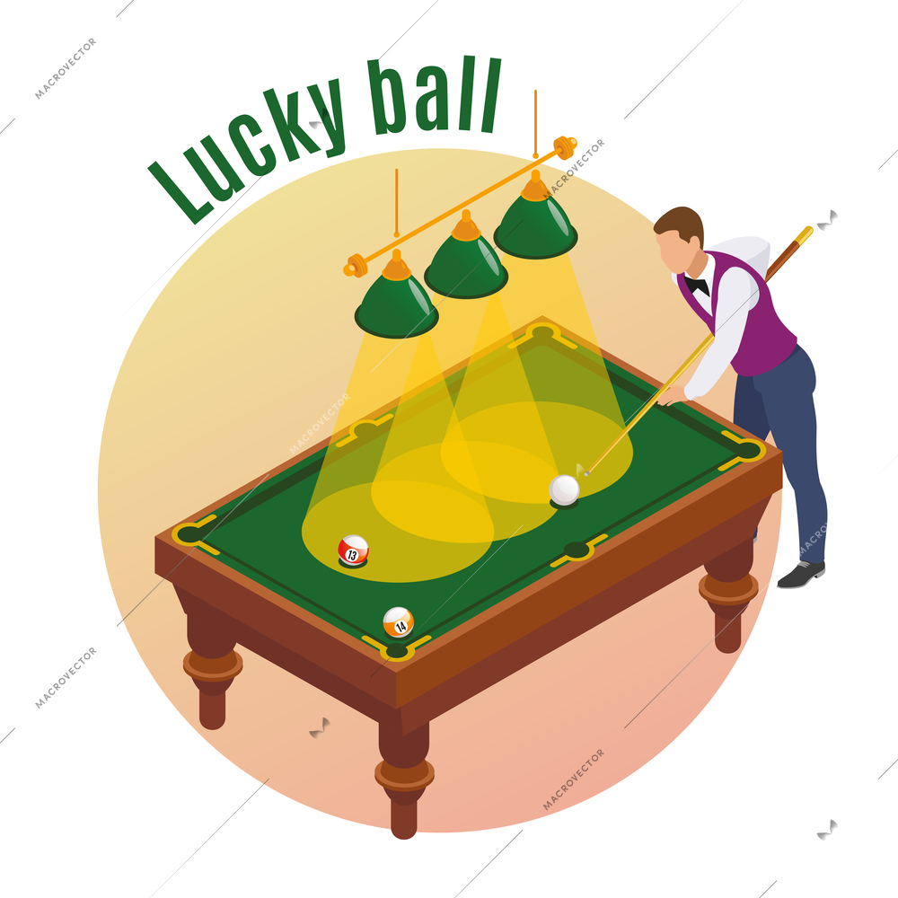 Billiards isometric composition with male player character aiming his stick to strike lucky ball into pocket vector illustration