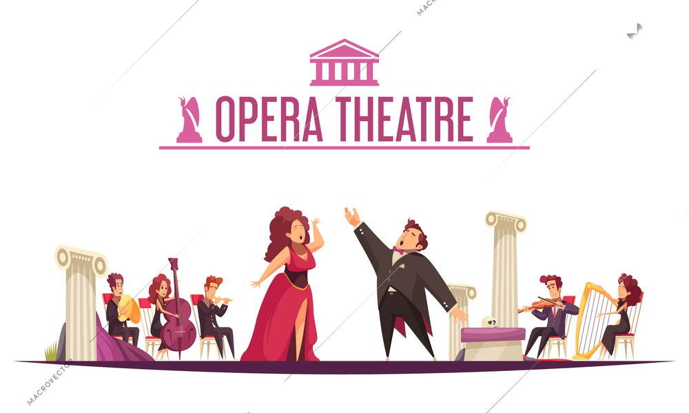 Opera theater premier announcement flat cartoon poster with 2 singers aria performance and musicians onstage vector illustration