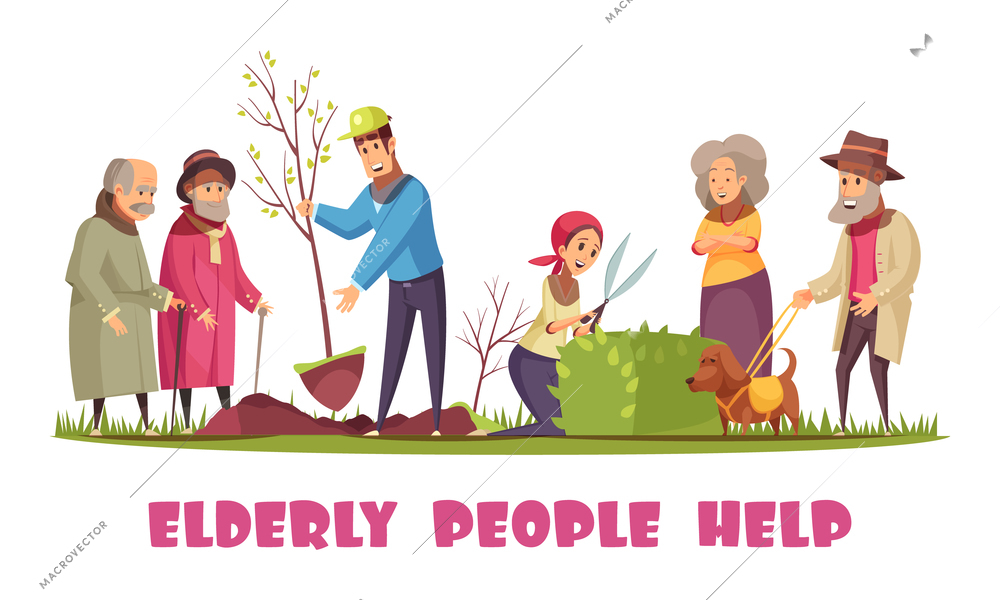 Volunteers helping elderly people with planting trees trimming hedges gardening chores flat cartoon horizontal composition vector illustration