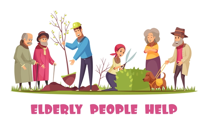 Volunteers helping elderly people with planting trees trimming hedges gardening chores flat cartoon horizontal composition vector illustration