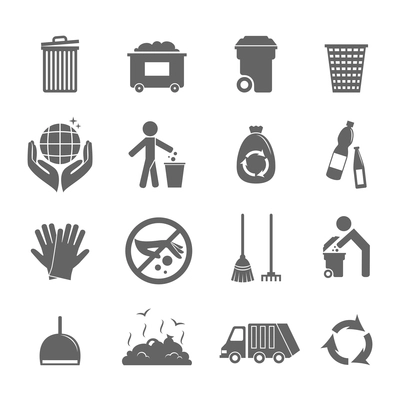 Garbage trash recycling environmental hygienic symbols black icons set isolated vector illustration