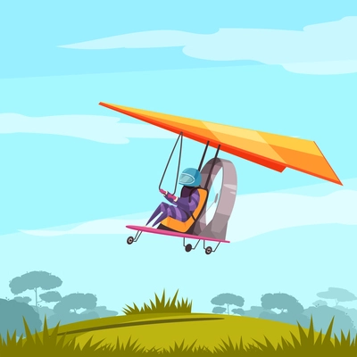 Skydiving extreme sport adventure flat abstract poster with glider pilot flight  before landing landscape background vector illustration