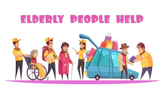 Elderly people social support service helping with socializing walking shopping organizing activities in wheelchair cartoon vector illustration