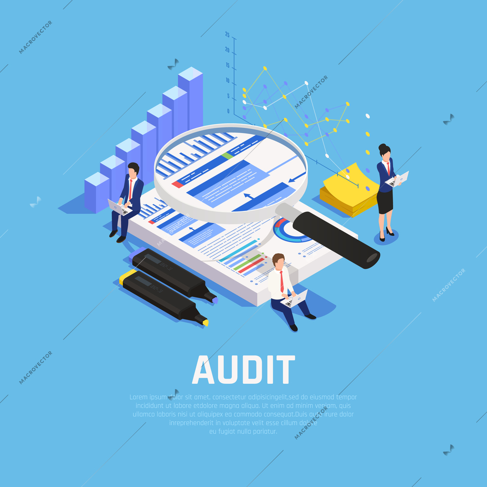 Accounting isometric composition with charts documentation and human characters during audit on blue background vector illustration