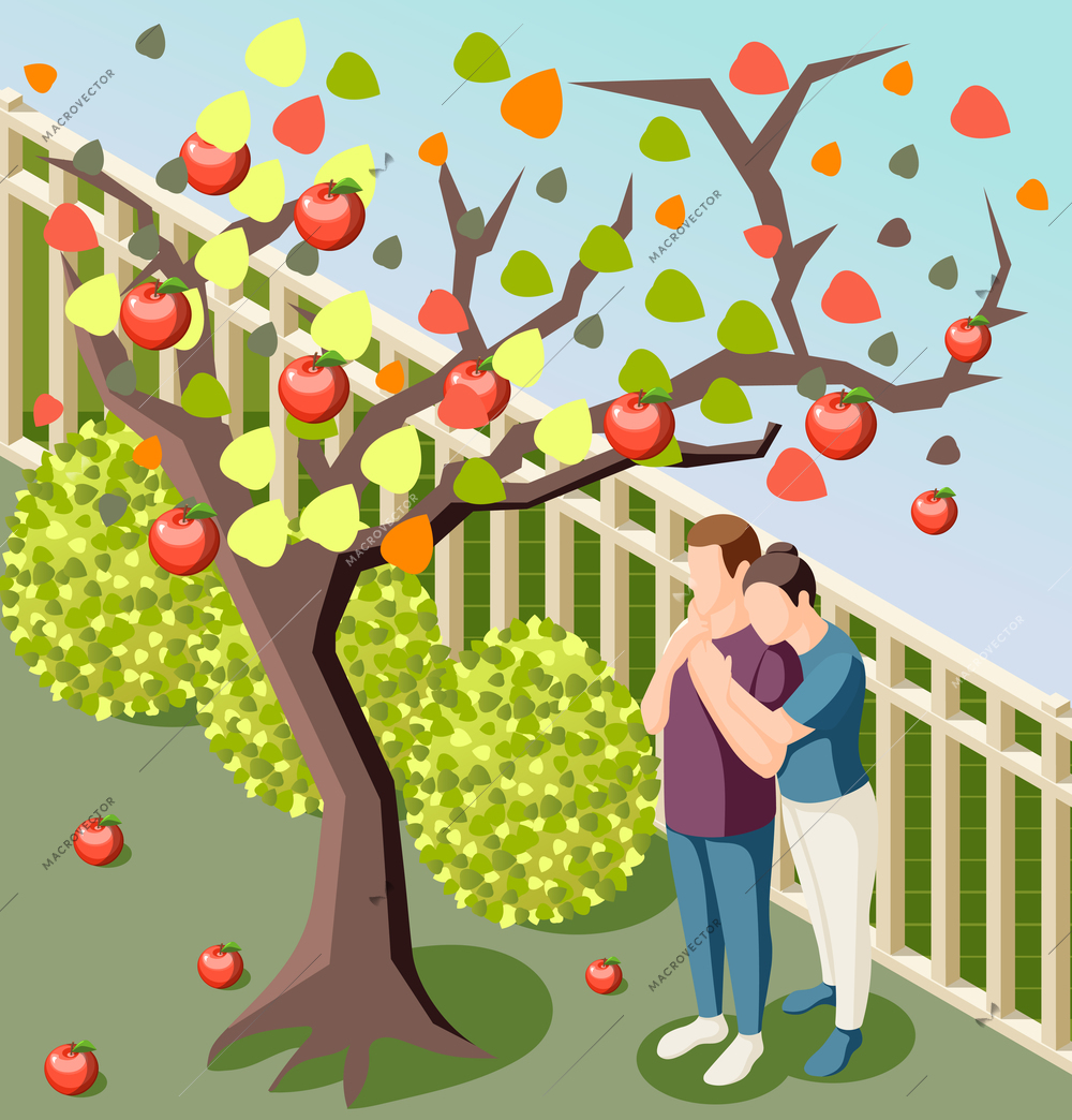 Happy couple hugging under apple tree isometric composition poster outdoor autumn day harvest garden background vector illustration