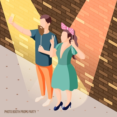 Photo booth party celebration isometric brick wall background poster with couple holding props in spotlights vector illustration