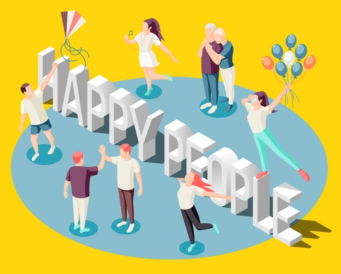 Happy people dancing with balloons spending time together enjoying life  isometric bright yellow background poster vector illustration