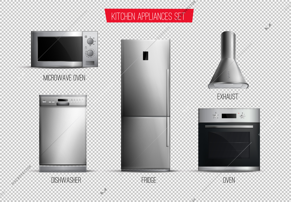 Set of realistic contemporary kitchen appliances front view isolated on transparent background vector illustration