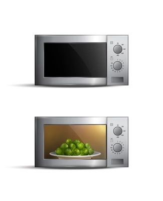 Set of realistic microwave ovens with food inside isolated on white background vector illustration