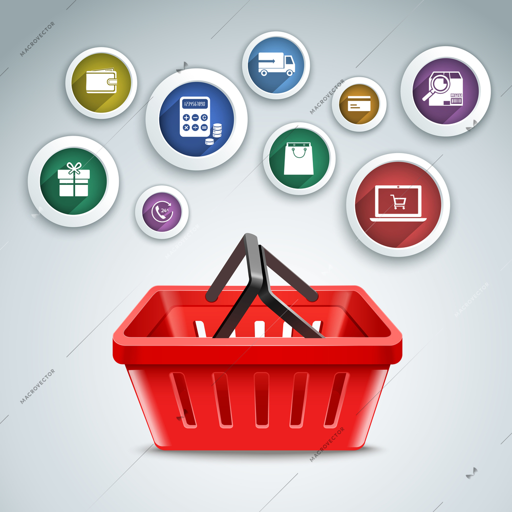 Online delivery and c-commerce round icons set with shopping basket vector illustration.