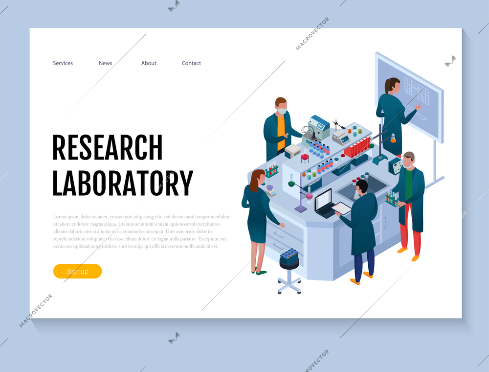 Scientific chemical laboratory with staff and research equipment isometric web banner on white background vector illustration