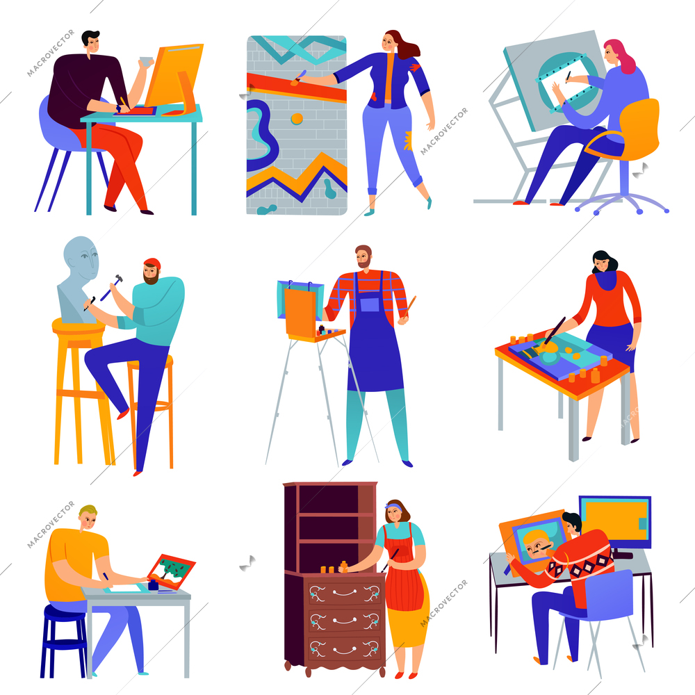 Set of flat icons creative professions graphic designer painter master of sculpture restorer isolated vector illustration