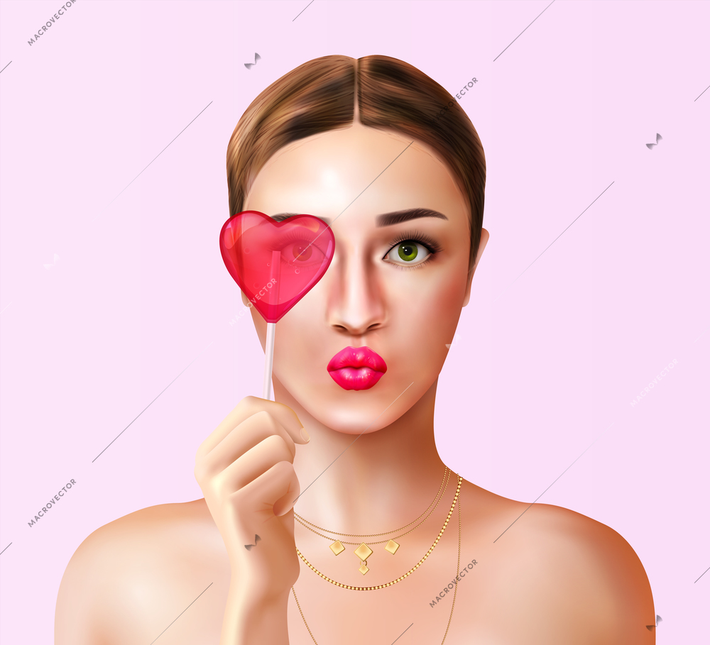 Woman with candy realistic composition with portrait view of young woman and heart shaped candy lollipop vector illustration