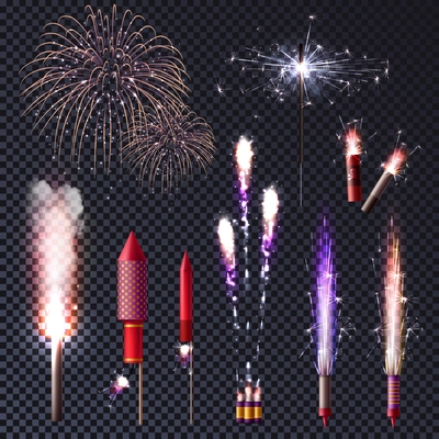 Sparkler bengal lights pyrotechnics realistic transparent set with isolated images of luminous spots and pyrotechnic supplies vector illustration