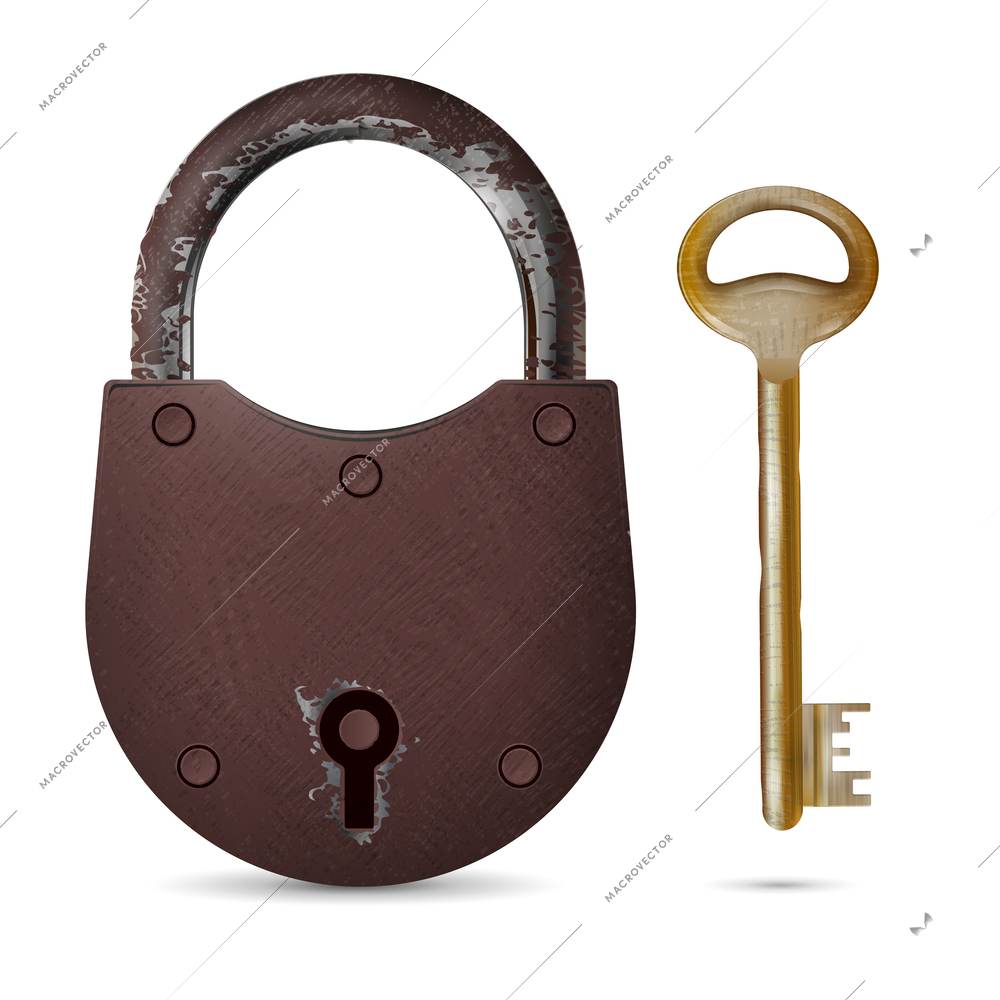 Old rusty padlock and threadbare metallic key isolated icons on white background realistic vector illustration