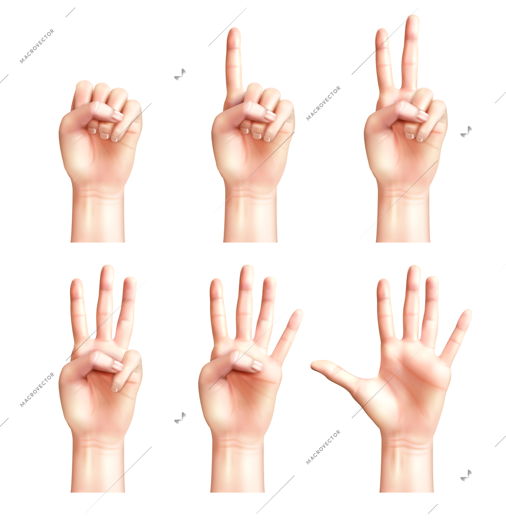 Six gestures of realistic people hands with fingers counting from zero to five isolated vector illustration