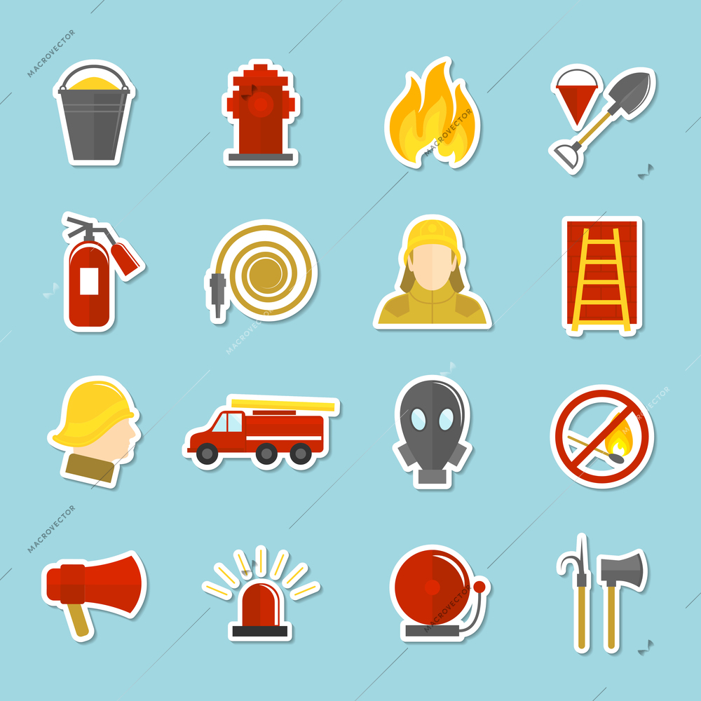 Firefighting icons stickers set of axe fire truck water hydrant isolated vector illustration