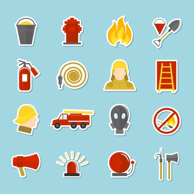 Firefighting icons stickers set of axe fire truck water hydrant isolated vector illustration