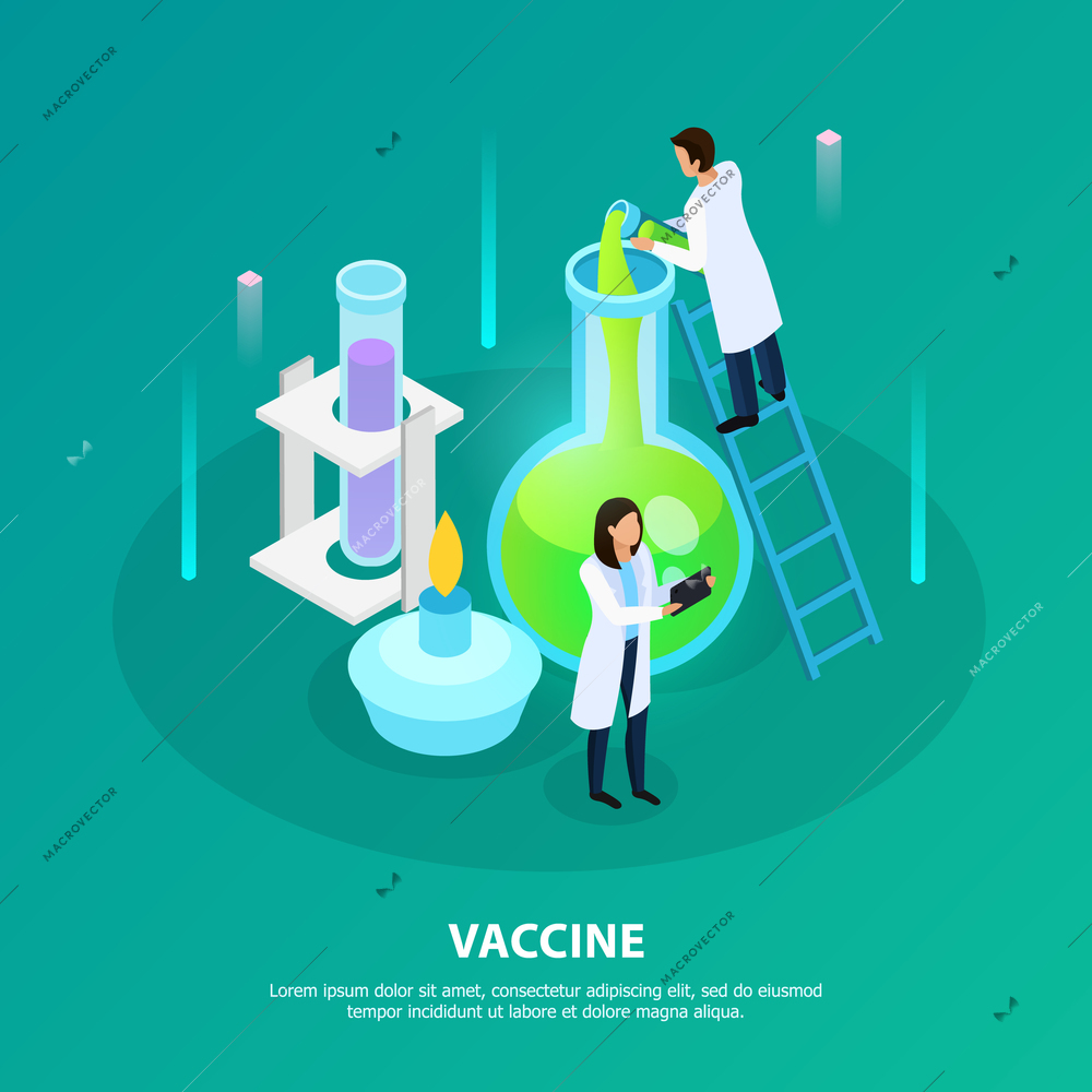 Scientists during laboratory experiment for vaccine development on green background isometric vector illustration