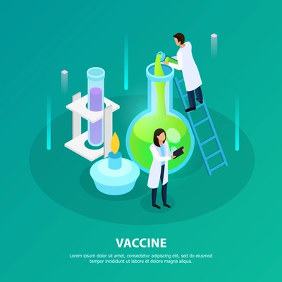 Scientists during laboratory experiment for vaccine development on green background isometric vector illustration