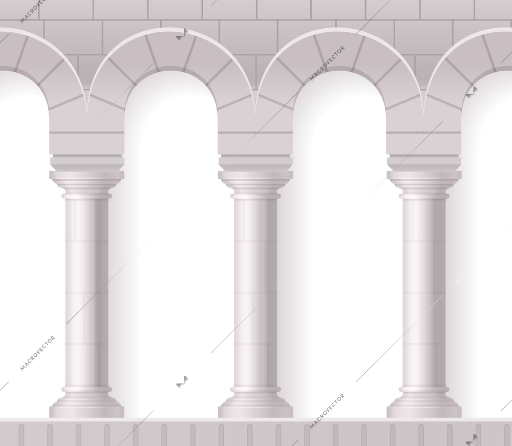 Antique white columns realistic composition with classic architectural shapes and brick texture on blank background vector illustration