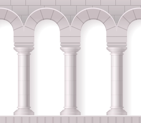 Antique white columns realistic composition with classic architectural shapes and brick texture on blank background vector illustration