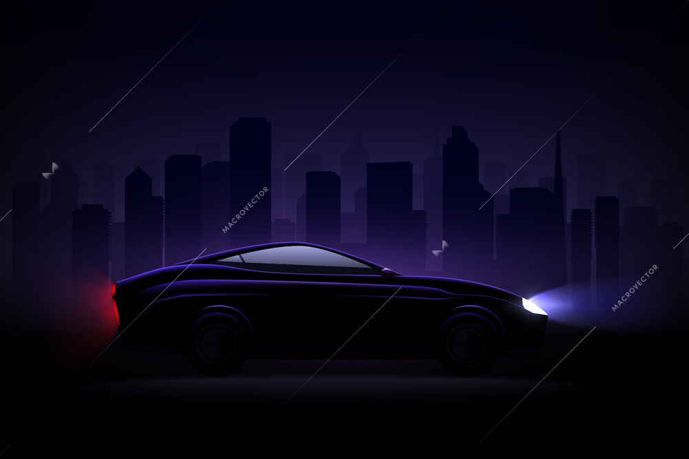 Lightened luxury sedan car against night city background with headlamps and rear tail lights lit vector illustration