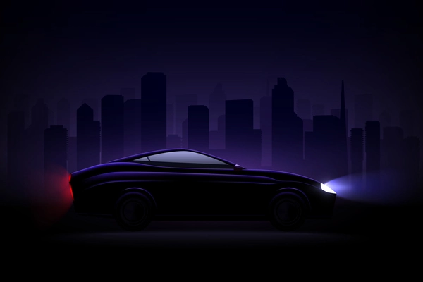 Lightened luxury sedan car against night city background with headlamps and rear tail lights lit vector illustration