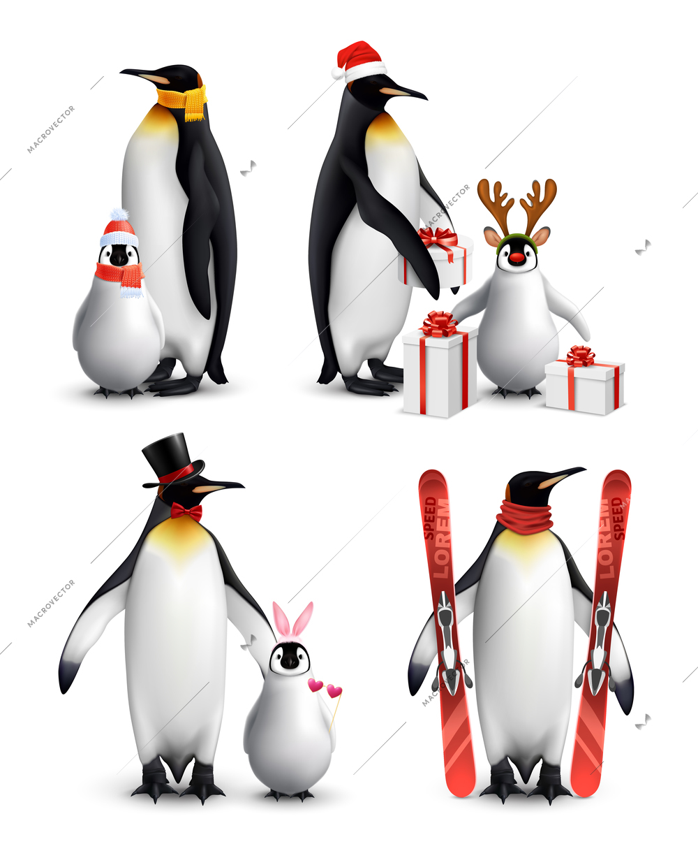 King penguin with chick 4 funny winter  activities realistic compositions with presents and alpine skis isolated vector illustration