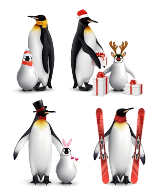 King penguin with chick 4 funny winter  activities realistic compositions with presents and alpine skis isolated vector illustration