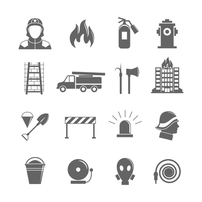 Firefighting black silhouette icons set of fire protection equipment isolated vector illustration.