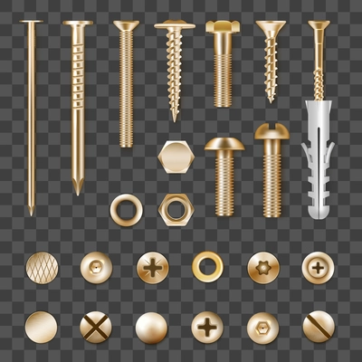 Set of realistic metal golden fasteners isolated on transparent background vector illustration