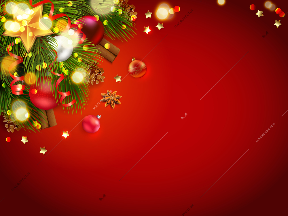 Christmas festive composition with red background and empty place for text with needles and christmas balls vector illustration