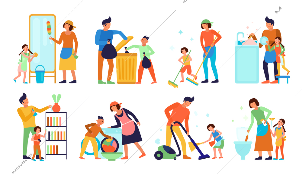 Set of kids helping parents with home cleaning isolated on white background flat vector illustration