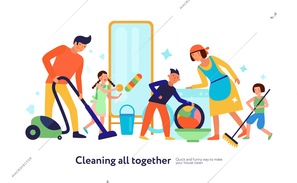 Kids helping parents with domestic cleaning on white background flat vector illustration