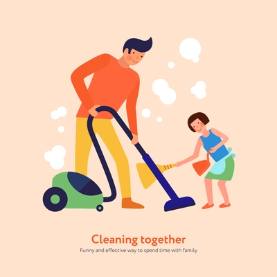 Father with vacuum cleaner and daughter with broom and dustpan during home cleaning together vector illustration