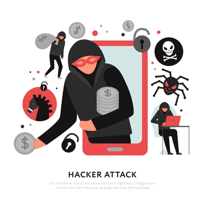 Hacker attack composition with digital robbery and malware icons on white background flat vector illustration