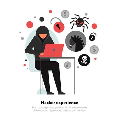 Hacker with laptop and set of icons with computer security threats on white background flat vector illustration