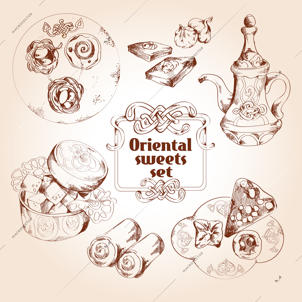 Oriental arabic traditional asian sweet dessert sketch set isolated vector illustration