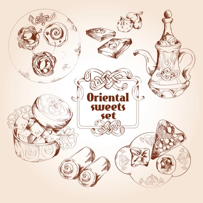 Oriental arabic traditional asian sweet dessert sketch set isolated vector illustration