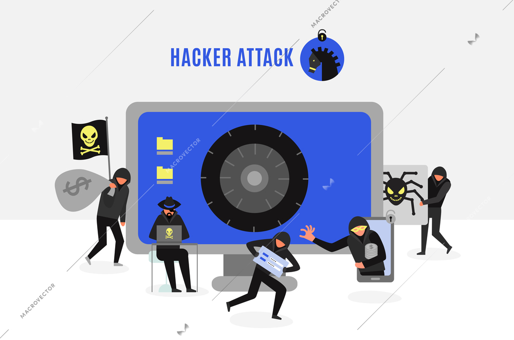 Attack of hacker group composition with computer crackers and safe lock on monitor screen vector illustration