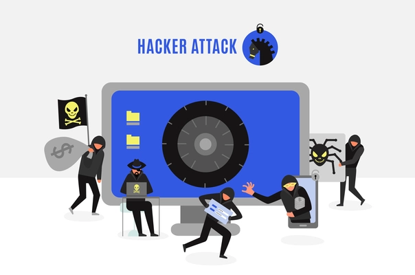 Attack of hacker group composition with computer crackers and safe lock on monitor screen vector illustration