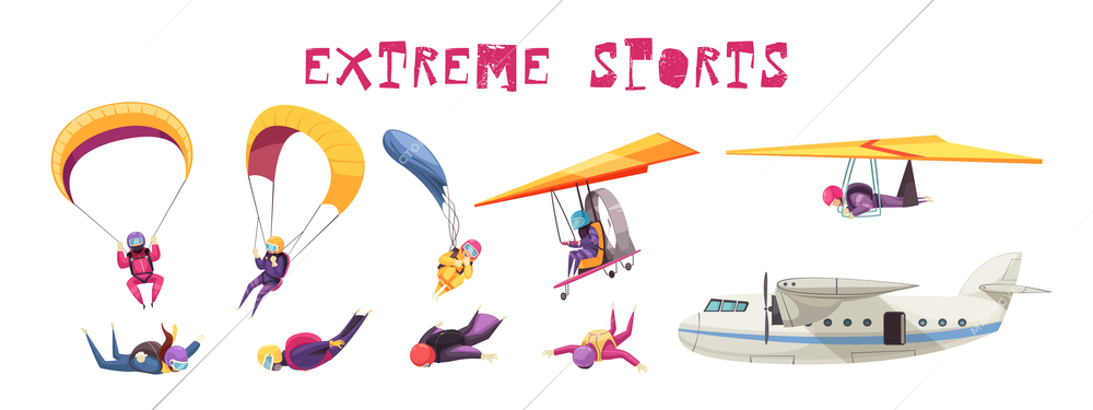 Skydiving extreme sport elements flat icons collection with parachute jump free fall airplane glider isolated vector illustration