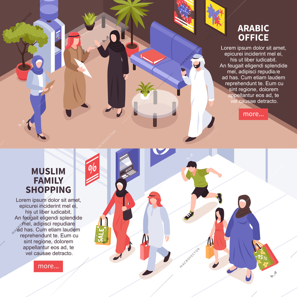 Arab family horizontal banners set with shoping and office symbols isometric isolated vector llustration