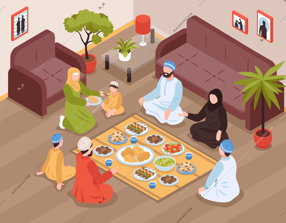 Arab family meal with traditional food and drinks isometric vector llustration